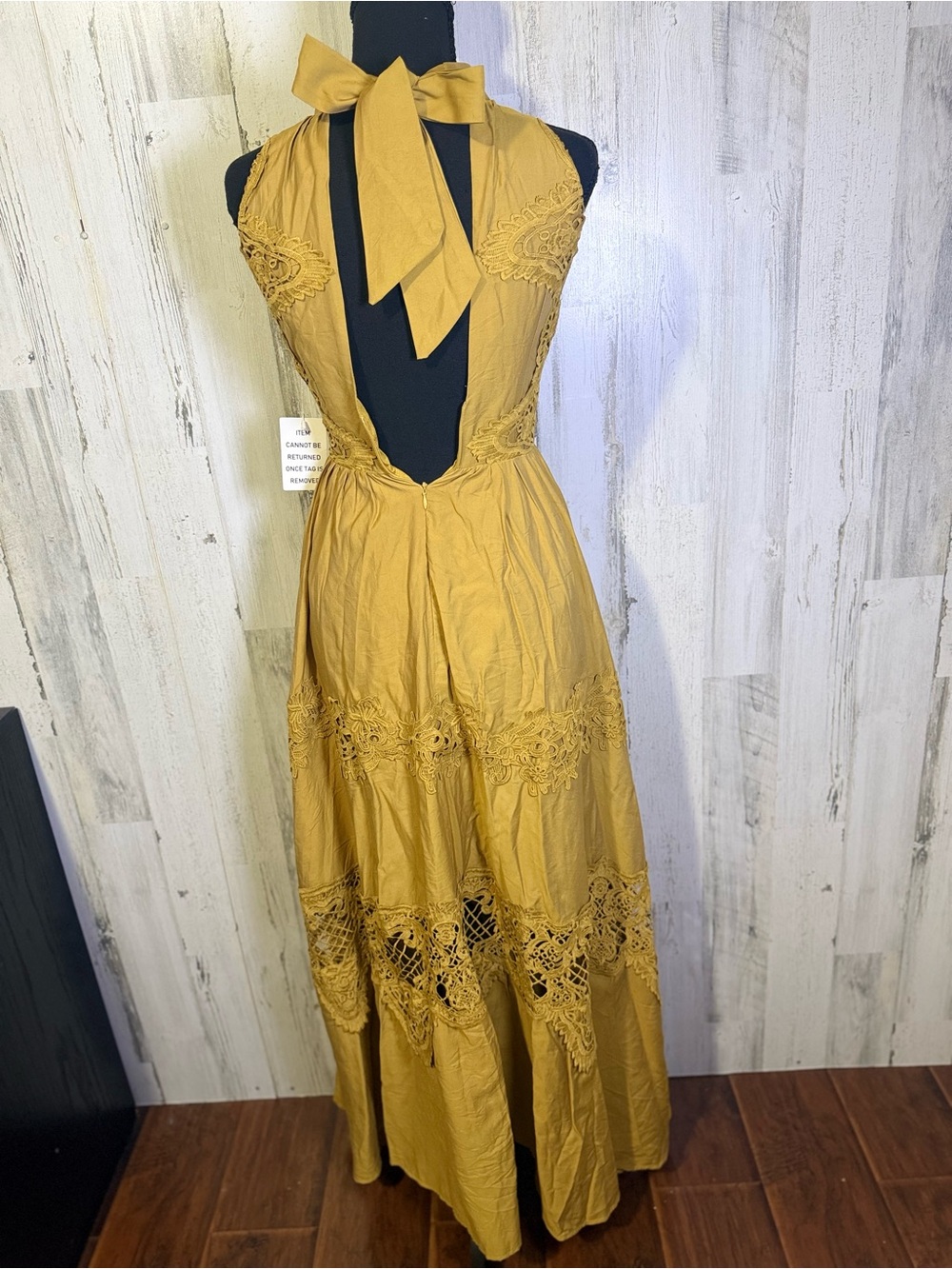 Joyfolie Mustard Yellow Lace Halter Maxi Dress Sz XXS NWT Open Back Boho - Picture 9 of 16